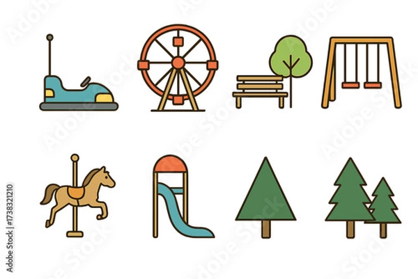 Obraz Amusement park and playground icon set. Vector line art collection of funfair and recreation symbols. Ferris wheel, carousel, slide, swing, bumper car, park bench, and trees.