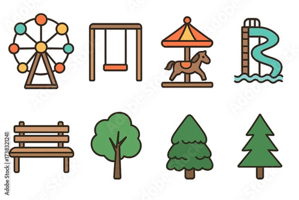 Obraz Amusement park and city park icon set. Vector collection of playground, entertainment, and nature symbols. Ferris wheel, swing, carousel, slide, bench, and tree illustrations.