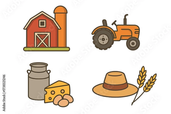 Obraz Farm and agriculture icon set. Vector collection of rural life elements. Includes barn, tractor, milk, cheese, eggs, farmer hat, and wheat. Flat design for local market.