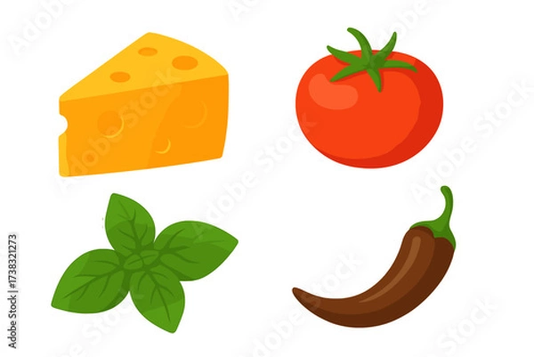 Obraz Set of fresh food ingredients for cooking. Vector illustration of cheese, tomato, basil and chili pepper. Icons for pizza, pasta or healthy meal. Organic food concept.