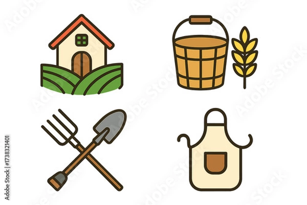 Obraz Homesteading and agriculture icon set. Vector symbols of farm life. Includes barn, wheat, bucket, pitchfork, shovel, and apron. For organic farming and rural lifestyle concepts.