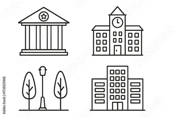 Obraz City building icon set. Vector line art illustrations of municipal and public places. Courthouse, school with clock tower, office building and city park. Urban architecture symbols.