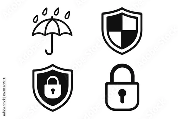 Obraz Security and protection vector icon set. Shield, padlock, and umbrella with rain symbols. Concept for data privacy, web safety, insurance, defense, and secure access.