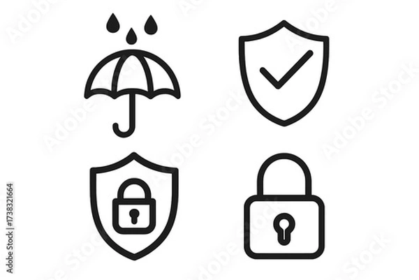 Obraz Set of protection and security line icons. Vector symbols for safety, guarantee, and insurance. Shield with check mark and lock. Waterproof umbrella icon. Secure privacy.