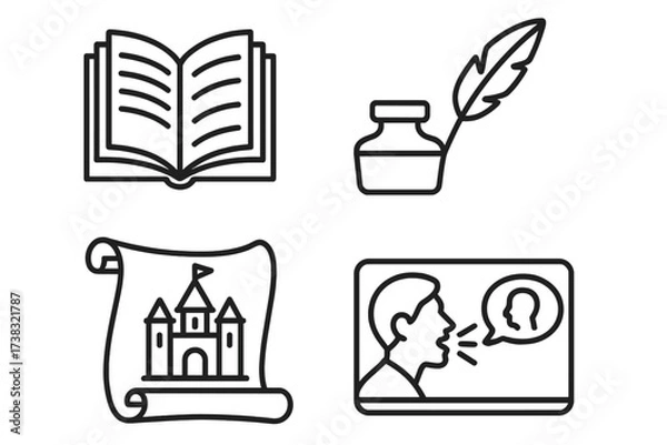 Obraz Storytelling icon set. Reading book for knowledge, literature. Writing with feather quill and ink. History scroll with fairy tale castle. Narration, communication, speech.