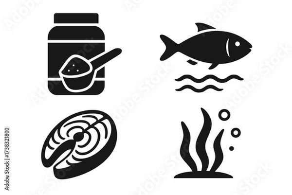 Obraz Protein sources icon set. Seafood nutrition concept. Fish, salmon steak, seaweed algae and whey powder supplement. Healthy food, diet, gym, fitness and bodybuilding glyphs.