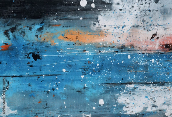 Fototapeta El trazo pictórico revela energía contenida: color, caos y emoción en movimiento abstracto.Pintura abstracta con trazos horizontales, salpicaduras blancas, textura rugosa, colores azul, negro, naranja