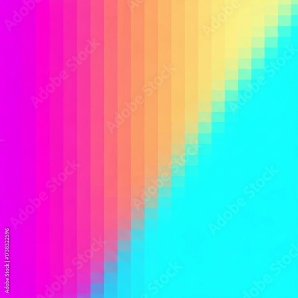 Fototapeta Abstract pixelated color gradient with magenta, orange, yellow, and cyan hues creating a vibrant visual effect.