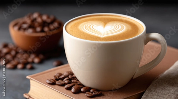 Fototapeta Latte with heart swirl art in mug sits on book surrounded by coffee beans creating cozy atmosphere