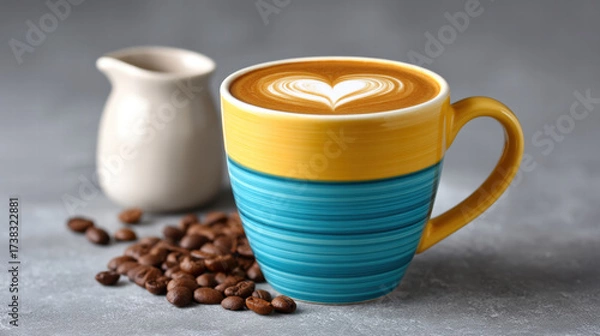 Fototapeta Latte with heart swirl art in mug creates warm inviting scene with coffee bean and ceramic jug nearby