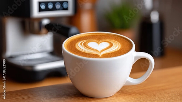 Fototapeta Latte with heart swirl art in mug sits on wooden table in cozy cafe setting with warm lighting