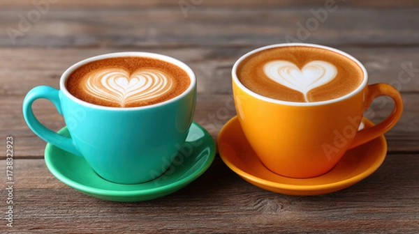 Fototapeta Latte art with heart swirl in mug creates warm inviting scene on rustic wooden table surface