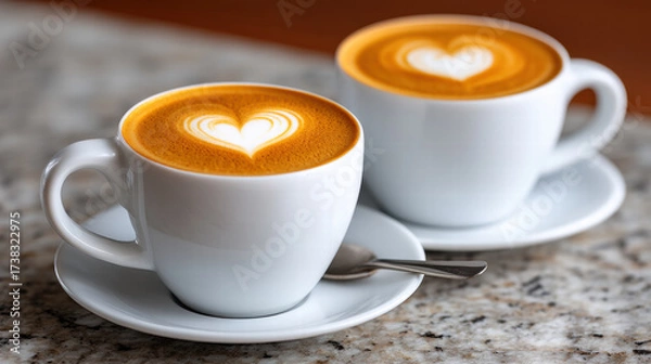 Fototapeta Latte with heart swirl art in mug creates warm inviting scene on marble table with soft lighting