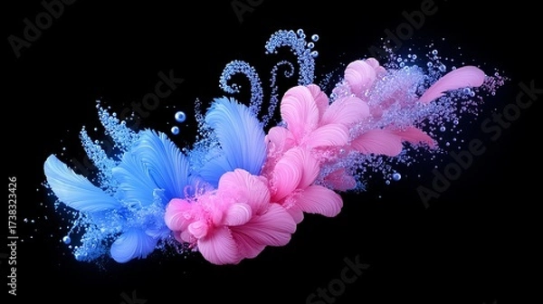 Fototapeta Abstract floral arrangement features textured blue and pink petals with scattered beads on a black background.
