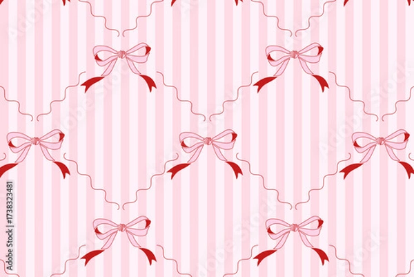 Fototapeta Seamless pink ribbon bow pattern with striped background. Decorative design for textile, wallpaper, wrapping, and packaging.