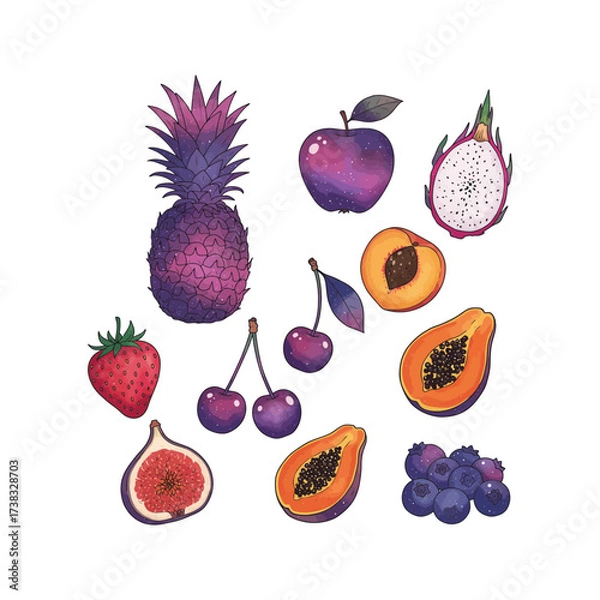 Fototapeta Collection of fresh fruit and berries vector illustration set with strawberry, apple, cherry, pear, orange, banana, lemon, plum, grape, watermelon, peach, and pineapple