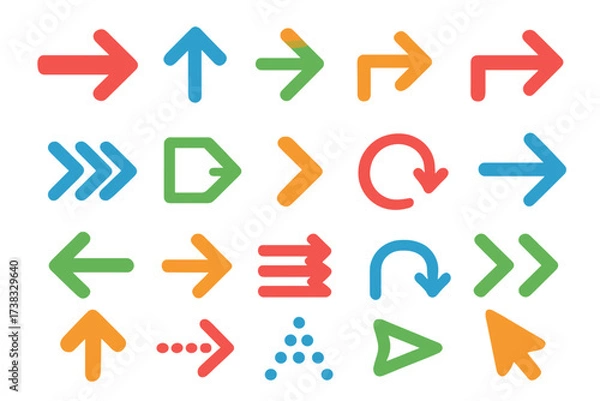 Fototapeta Colorful arrows vector icon set. Big collection of modern simple arrow symbols for direction, navigation, and web design. Cursor, reload, and infographic elements included.
