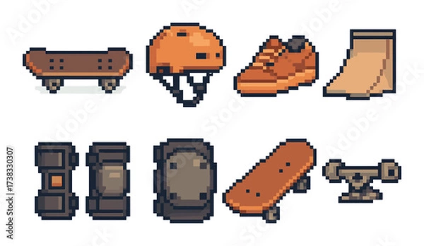 Obraz Pixel art skateboard gear set: helmets, shoes, and ramps