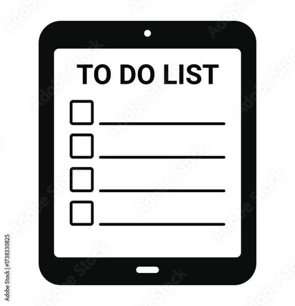 Fototapeta To Do List. Planner. Productivity. A simple black vector glyph icon of a to-do list or checklist on a tablet for a productivity app, a website, a planner, or an organization concept.