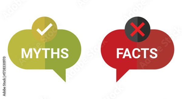 Fototapeta Myths vs Facts. Debunk. A modern vector icon set of two colorful speech bubbles for a true or false quiz, a fact-checking social media post, or an educational presentation graphic.