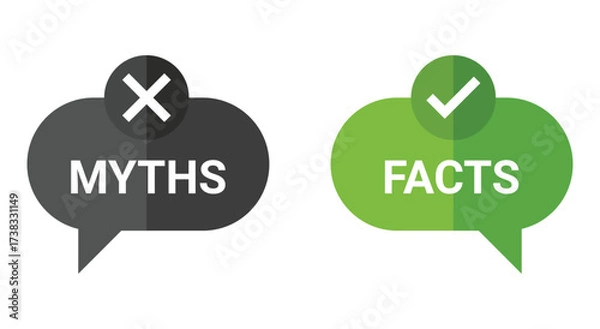 Fototapeta Myths vs Facts. True or False. A modern vector icon set of two speech bubbles for a fact-checking graphic, an educational quiz, a presentation slide, or a social media infographic.