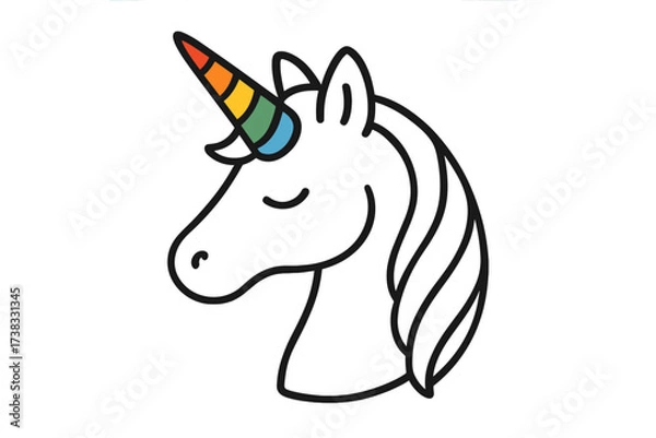Fototapeta Unicorn head icon with rainbow horn. Cute simple line art vector illustration for logo or sticker. Magical fantasy horse from fairytale. Symbol of pride, lgbtq, magic.