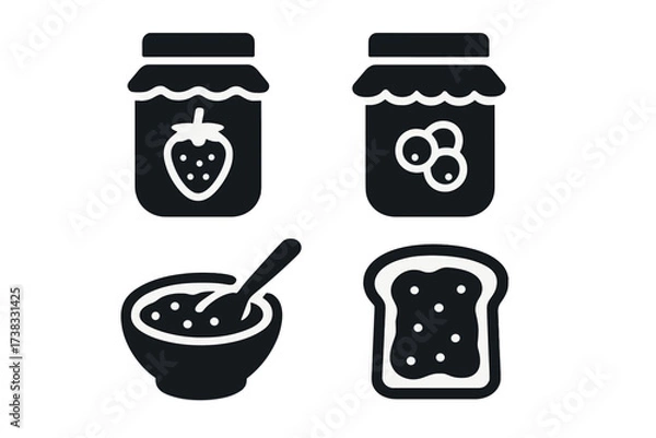 Fototapeta Jam and breakfast food vector icon set. Flat glyph collection including strawberry jam jar, berry preserve, toast with spread, and a bowl of oatmeal. Healthy eating symbols.