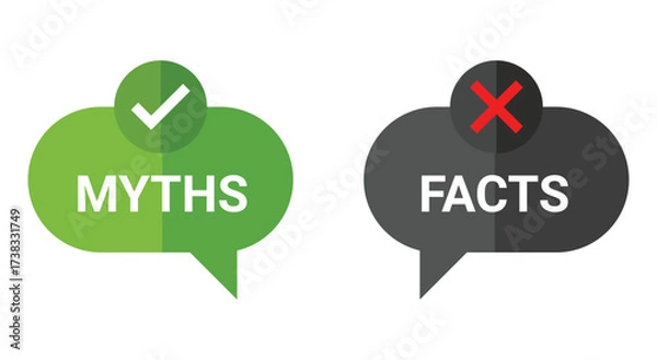 Fototapeta Myths vs Facts. Comparison. A modern vector icon set of two speech bubbles for debunking information, a quiz, an educational infographic, or a social media post about truth and lies.