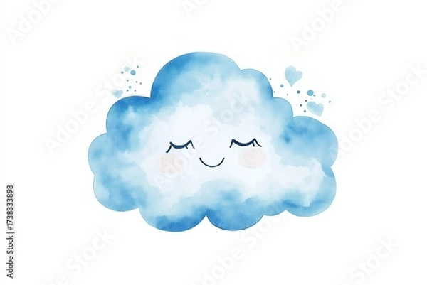 Fototapeta A cute happy watercolor cloud with closed eyes, heart shapes, and soft blue tones