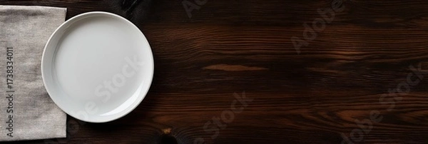 Fototapeta A round white plate on a folded napkin over a dark wood table