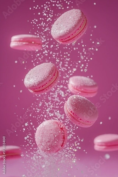 Fototapeta Falling pink macarons covered in sugar crystals on a bright pink background