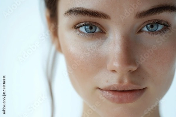 Fototapeta A woman with radiant skin and soft lips gazes into the distance with a serene expression