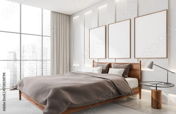 Fototapeta Cozy bedroom with wooden bed, three blank posters on wall, minimalist design, bright interior with city view backdrop, concept of interior mockup. 3D Rendering