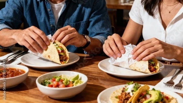 Fototapeta Couple Enjoying Delicious Tacos With Fresh Toppings At Cozy Restaurant During Lunch