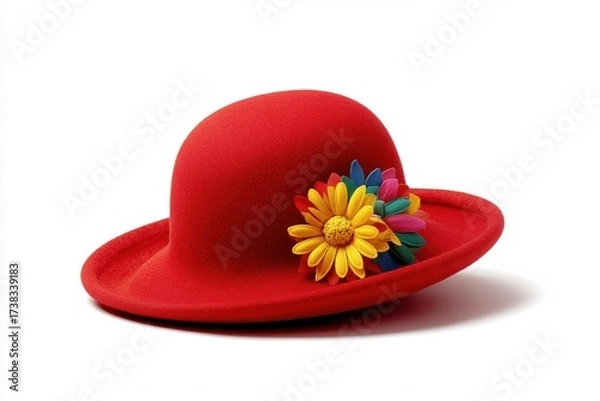 Fototapeta Red Hat Floral Fashion: A vibrant red hat, adorned with a cheerful floral embellishment, sits invitingly, hinting at the grace and style of a sophisticated persona. 