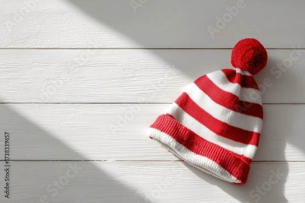 Fototapeta Winter Knit Hat: A vibrant red and white striped knit hat with a playful pom-pom rests peacefully, bathed in the soft glow of natural light, evoking a sense of cozy warmth and seasonal cheer.