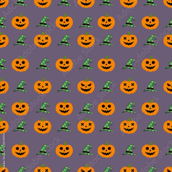 Fototapeta Cartoon Halloween Seamless Pattern with Jack-o'-Lanterns and Witch Hats