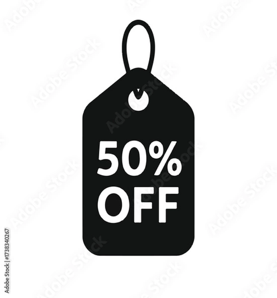 Fototapeta Minimal Black Discount Tag Icon with White Text "50% OFF" – Flat Vector Sale Label