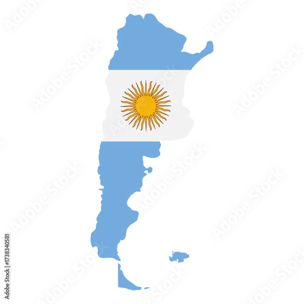 Fototapeta Argentina icon. Stylized map silhouette filled with national flag featuring blue stripes and the Sun of May vector illustration. Geographic and patriotic country symbol. National identity sign.