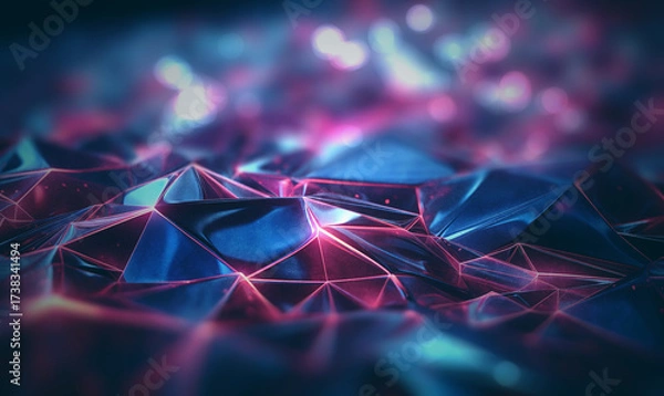 Fototapeta Terreno abstracto de triángulos conectados, colores azul, rosa y púrpura, iluminación brillante y efecto tridimensional.El paisaje digital vibra con luz: geometría facetada, color eléctrico.