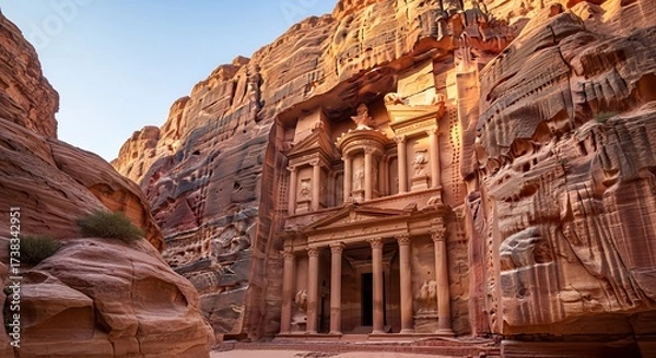 Obraz Spectacular view of Petra, the ancient rock-carved city in Jordan, featuring Al-Khazneh (The Treasury) surrounded by towering sandstone cliffs
