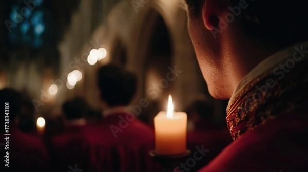 Fototapeta Midnight mass lit by candlelight with a joyful choir singing  
