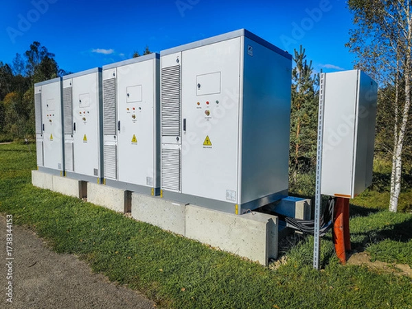 Fototapeta A row of outdoor high-voltage electrical cabinets with warning labels, ventilation panels, and emergency stop buttons under a clear blue sky.