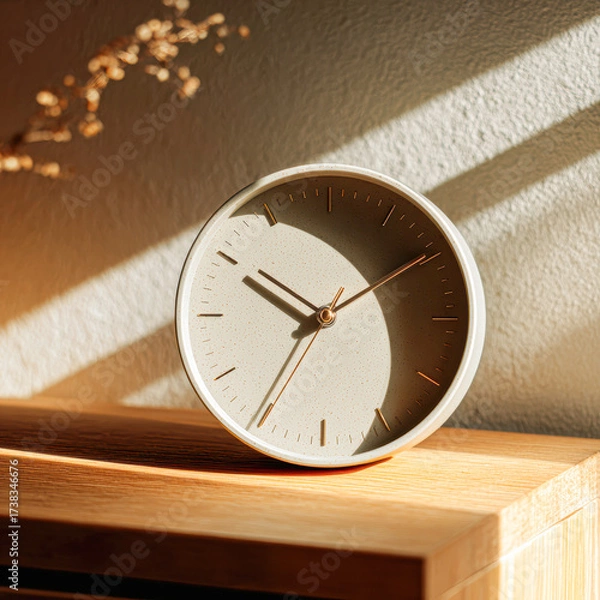 Fototapeta A minimalist clock sits on a wooden surface, casting shadows from sunlight, highlighting its modern design and simple elegance.