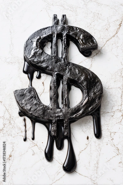 Fototapeta A glossy black dollar sign melts onto a white marble surface, creating a striking visual representation of wealth and excess.
