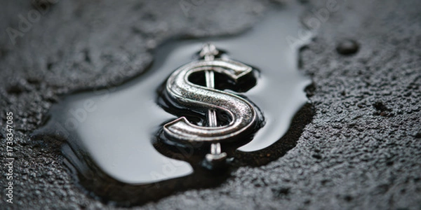 Fototapeta A close-up of a shiny dollar sign resting in a small pool of water, highlighting themes of finance and value against a textured dark background.