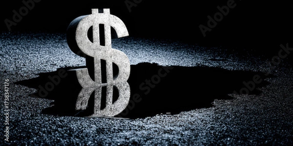 Fototapeta A metallic dollar sign stands on a dark surface, casting a reflective shadow, symbolizing wealth and finance in a dramatic setting.