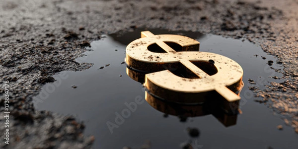 Fototapeta A gold dollar sign reflected in a puddle on a dark surface, symbolizing finance and wealth.