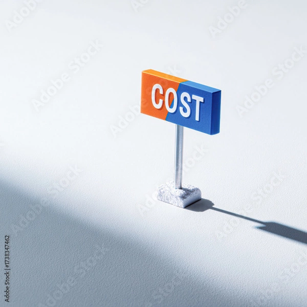 Fototapeta A colorful sign reading "COST" stands on a minimalistic surface, casting a shadow, emphasizing pricing or financial themes.