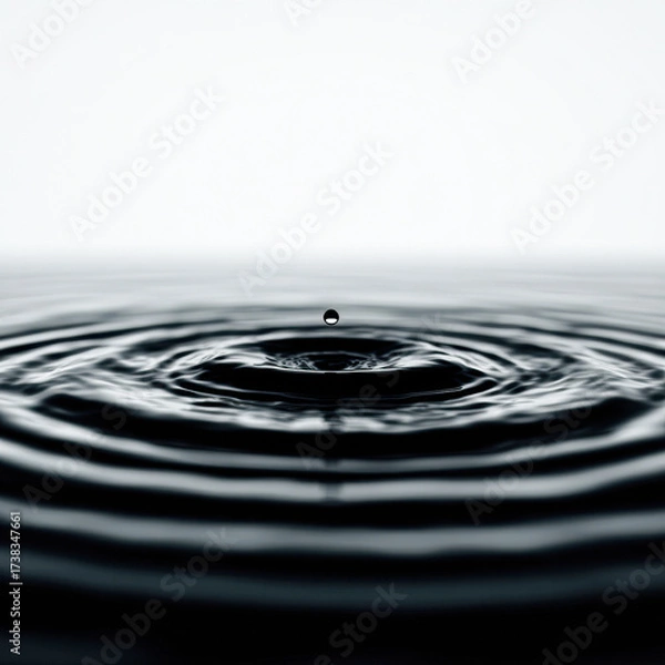 Fototapeta A serene image of a single water droplet causing ripples in a calm, dark surface, evoking a sense of tranquility and reflection.